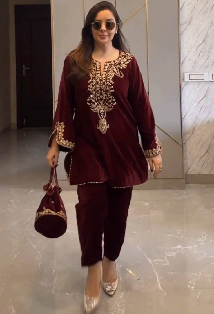 Maroon velvet party wear pant suit