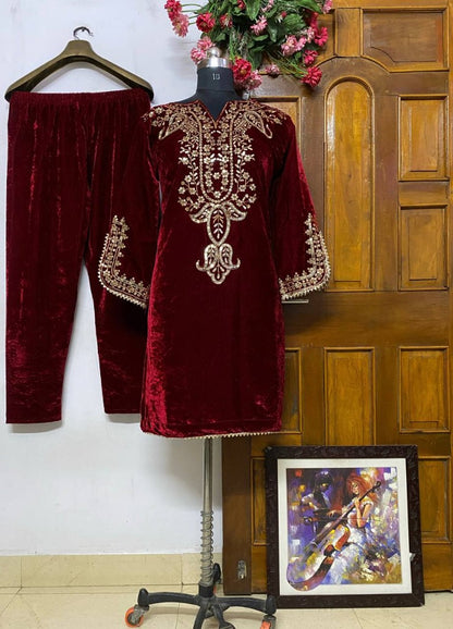 Maroon velvet party wear pant suit