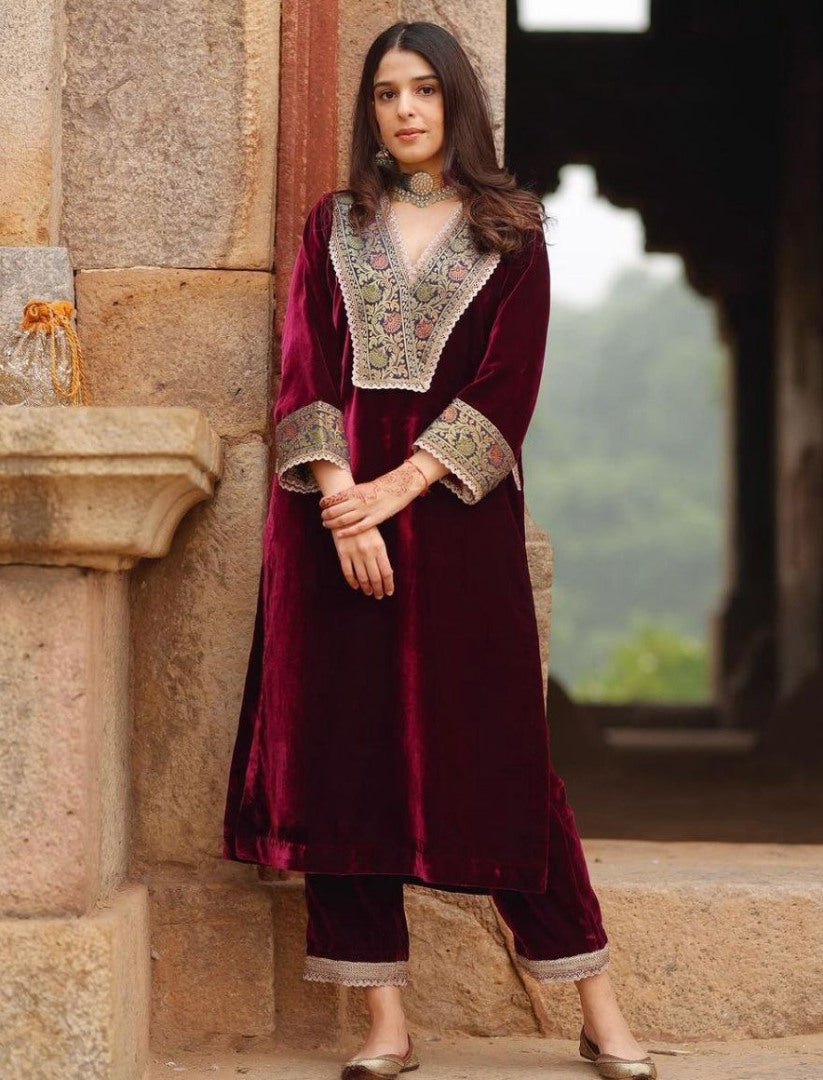 Maroon velvet party wear plazzo suit