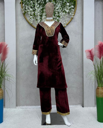 Maroon velvet party wear plazzo suit