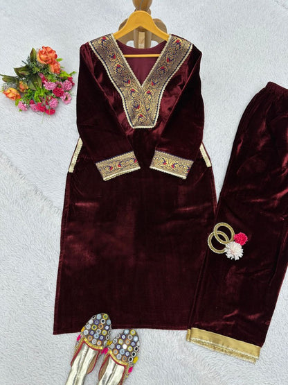 Maroon velvet party wear plazzo suit