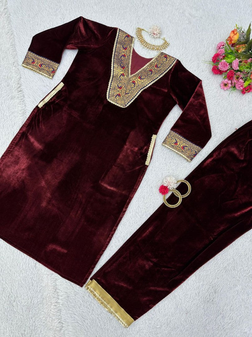 Maroon velvet party wear plazzo suit