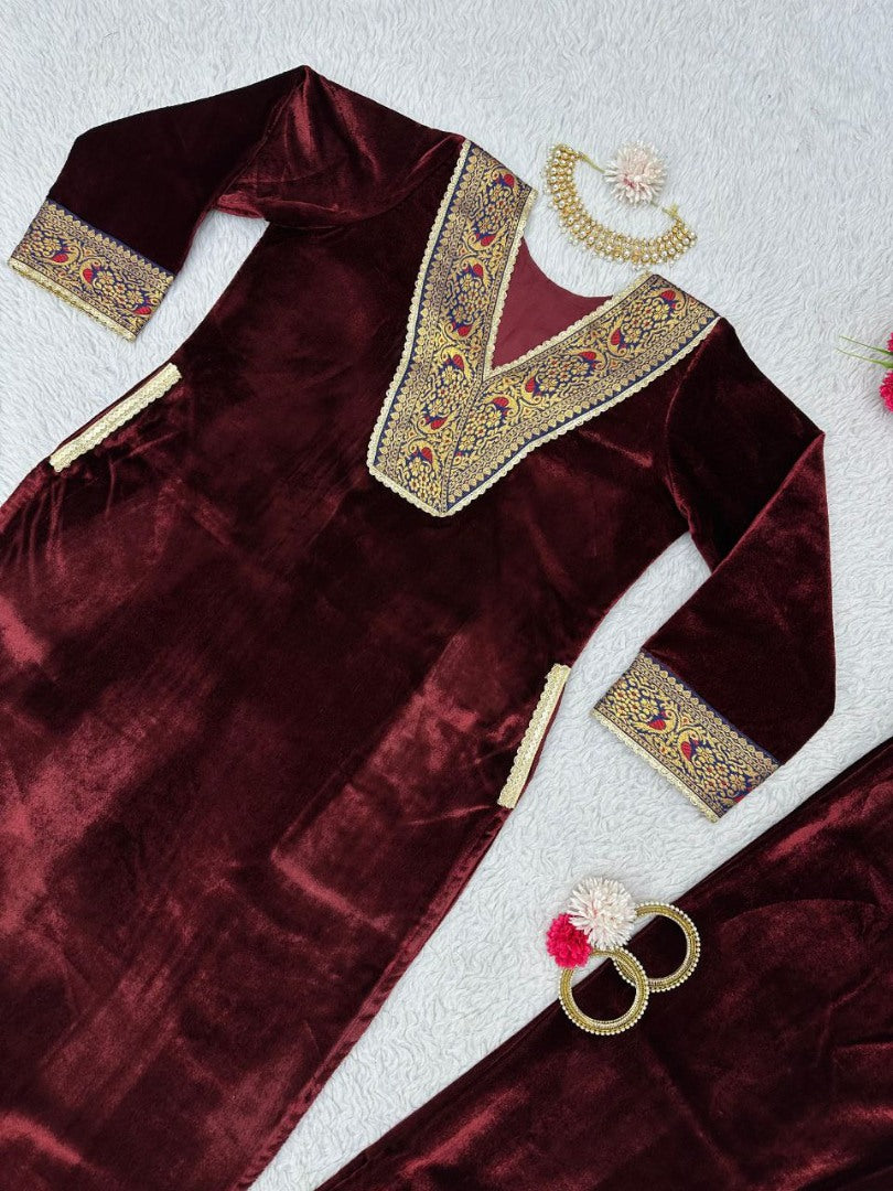 Maroon velvet party wear plazzo suit