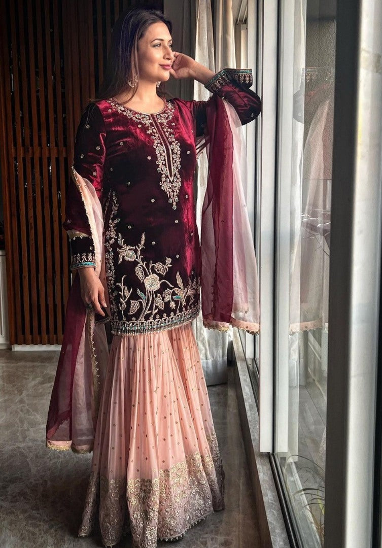 Maroon velvet top embroidery work sharara suit for wedding