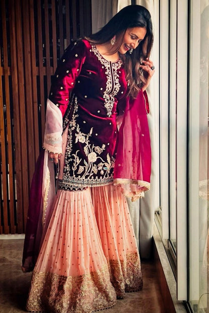 Maroon velvet top embroidery work sharara suit for wedding