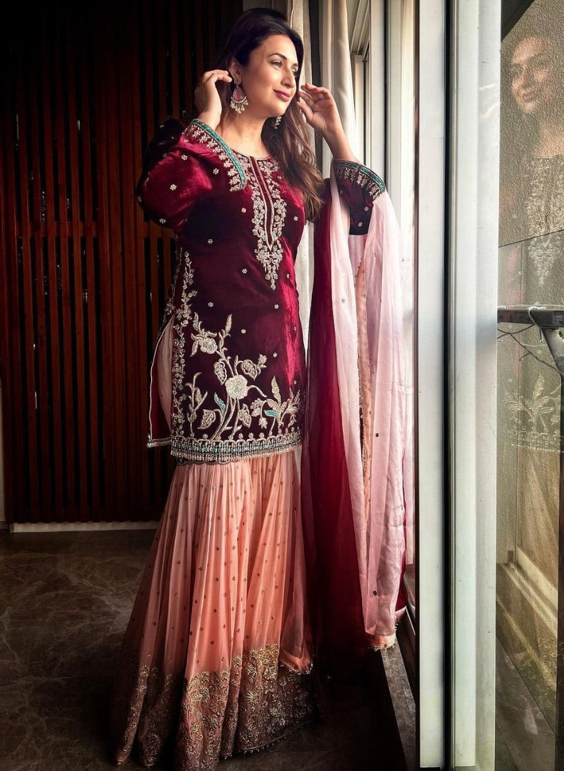 Maroon velvet top embroidery work sharara suit for wedding