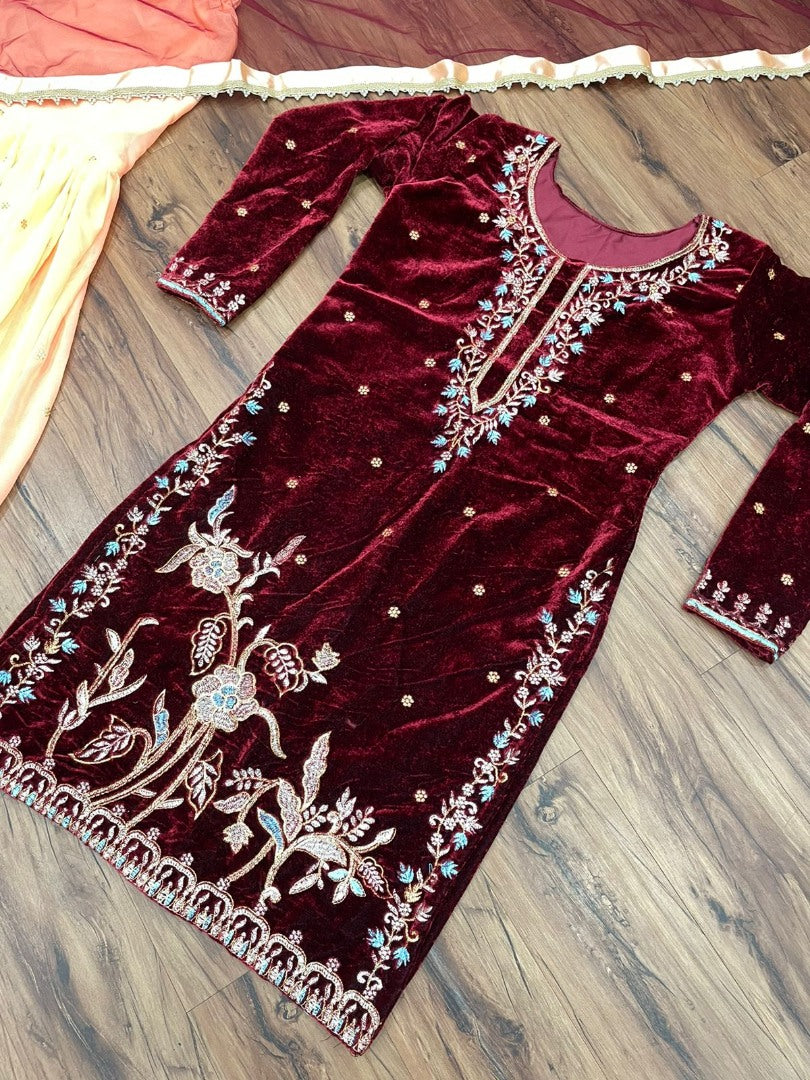 Maroon velvet top embroidery work sharara suit for wedding