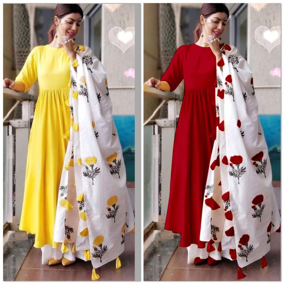 maslin cotton long kurti with printed dupatta