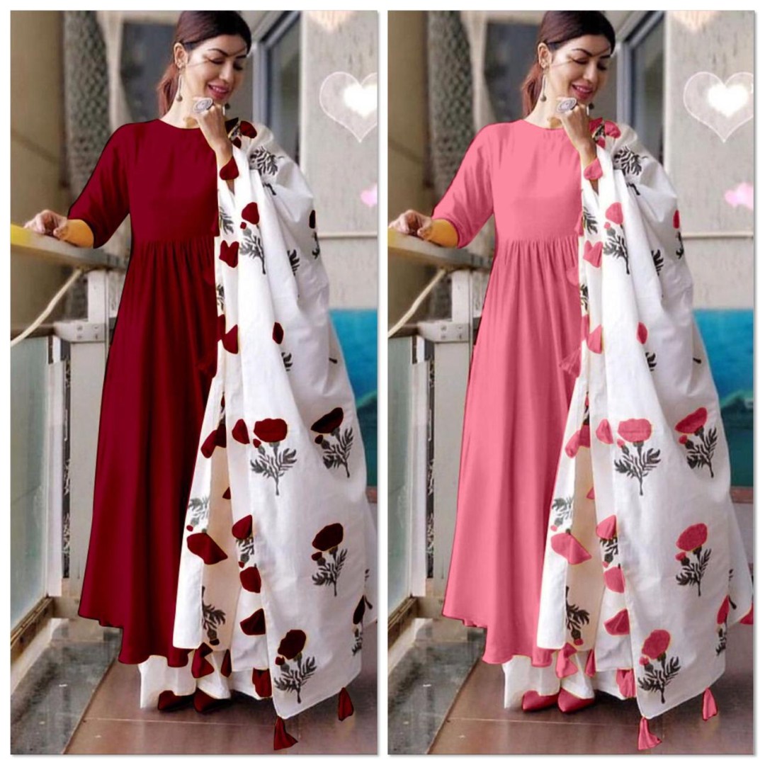 maslin cotton long kurti with printed dupatta