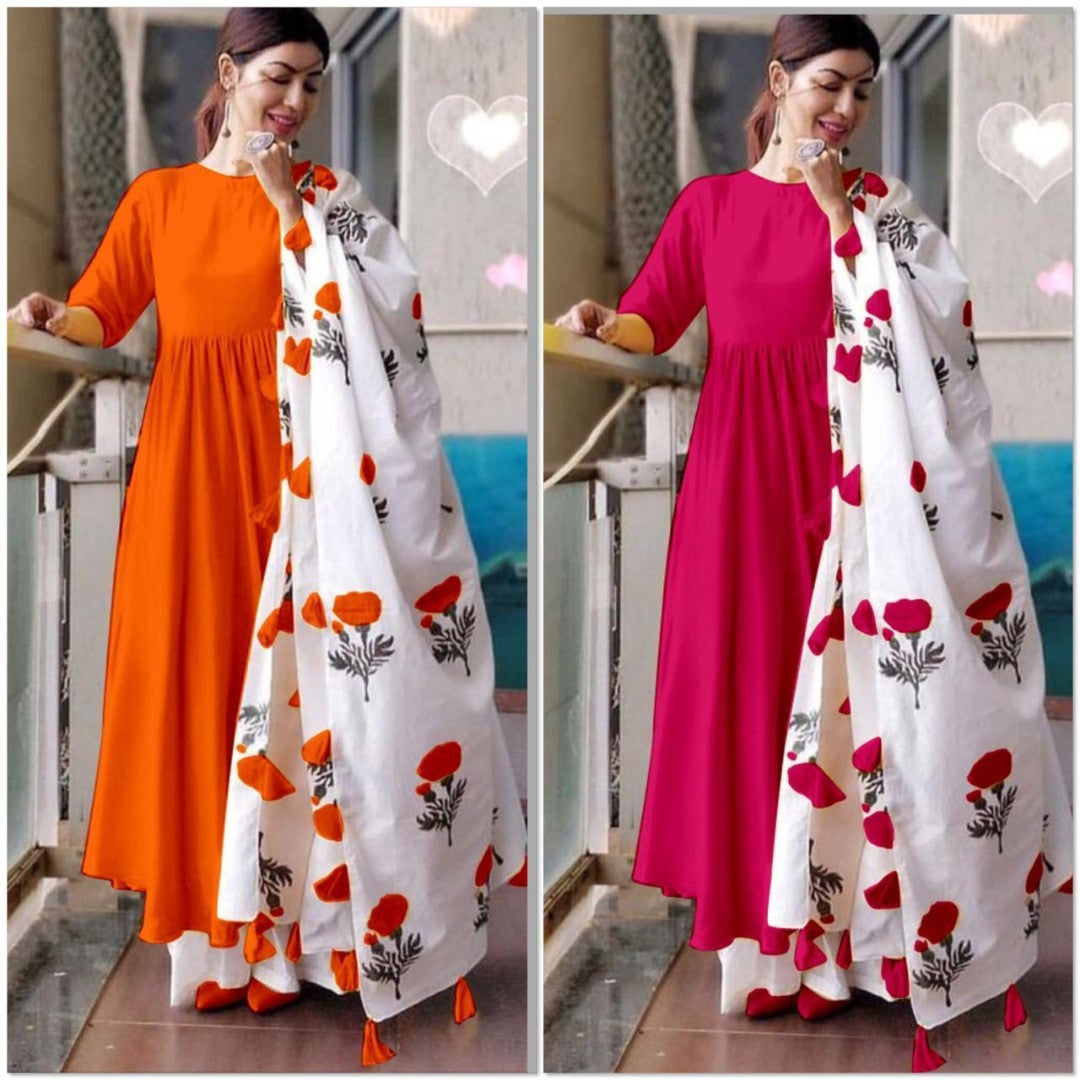 maslin cotton long kurti with printed dupatta