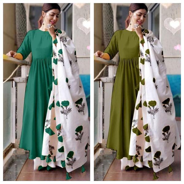 maslin cotton long kurti with printed dupatta