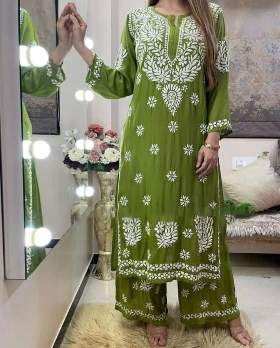 Mehendi green rayon chainstitch work palazzo kurti