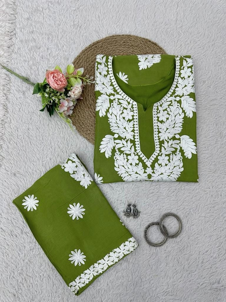 Mehendi green rayon chainstitch work palazzo kurti