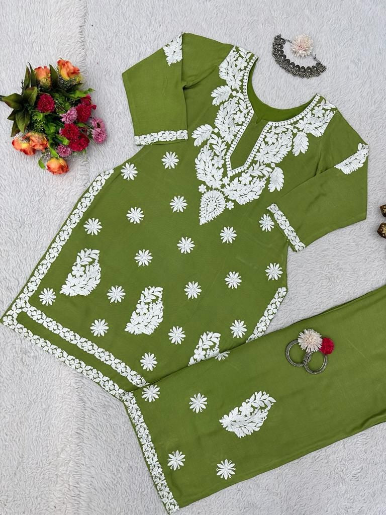 Mehendi green rayon chainstitch work palazzo kurti