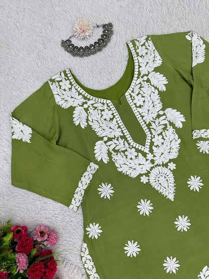 Mehendi green rayon chainstitch work palazzo kurti