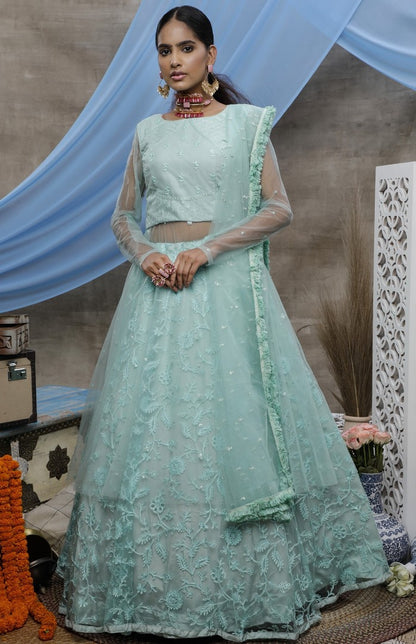 Mint green santoon embroidered party wear lehenga gown