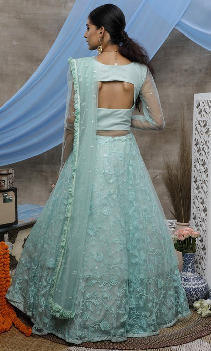 Mint green santoon embroidered party wear lehenga gown