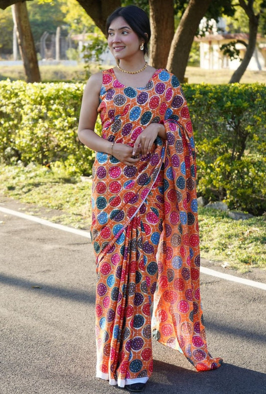 Multicolor chinon silk digital print and sequence work saree