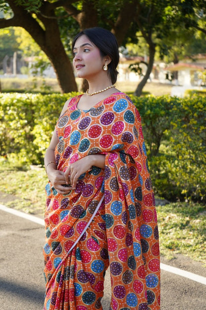 Multicolor chinon silk digital print and sequence work saree