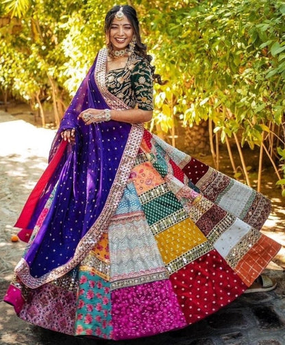 Multicolor cotton print and mirror work gujarati garba navratri lehenga chaniya choli