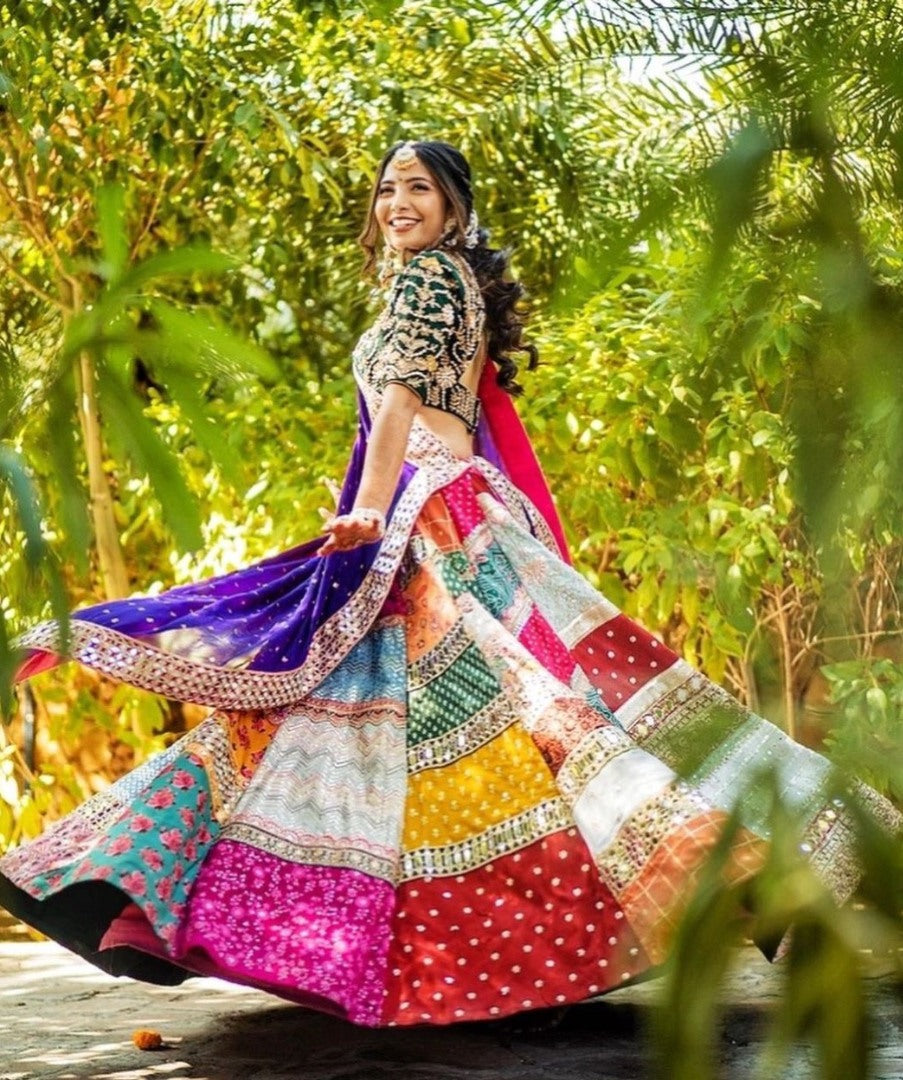 Multicolor cotton print and mirror work gujarati garba navratri lehenga chaniya choli