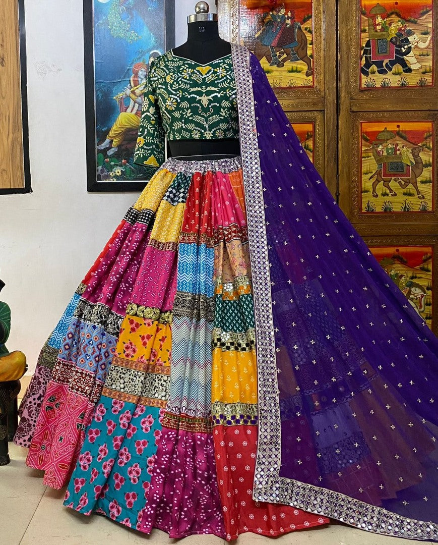 Multicolor cotton print and mirror work gujarati garba navratri lehenga chaniya choli