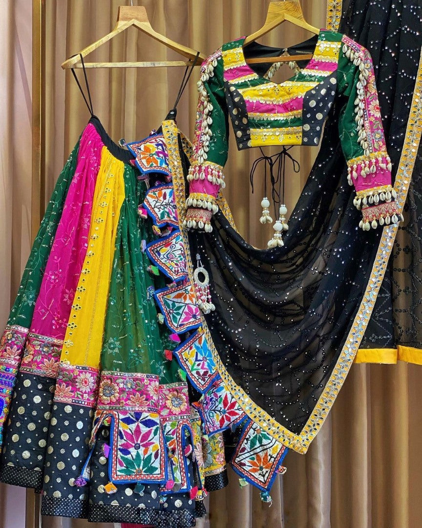 Multicolor cotton print mirror work gujarati garba ghagra navratri lehenga chaniya choli