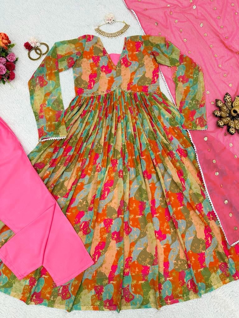 Multicolor georgette print and handwork alia cut suit