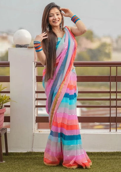 Multicolor georgette printed and embroidered saree
