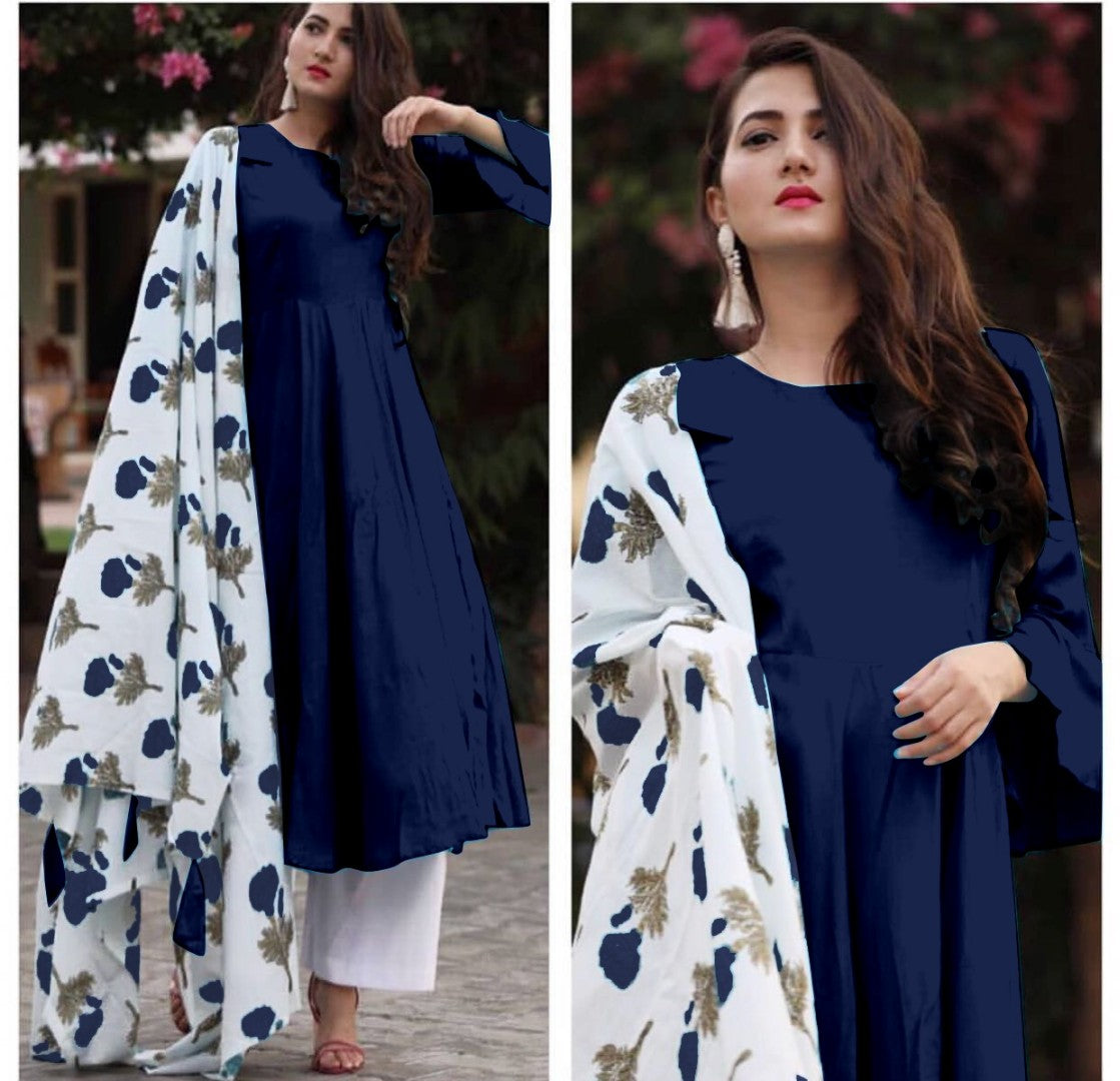 Navy blue heavy rayon kurti with digital printed dupatta