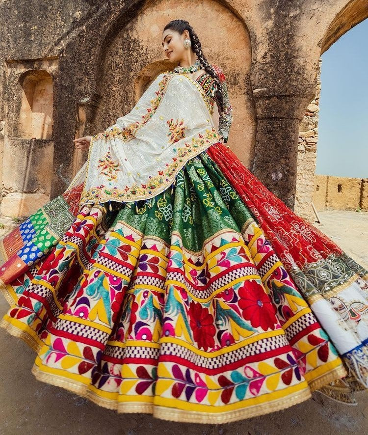 Multicolor print and mirror work gujarati garba navratri lehenga chani