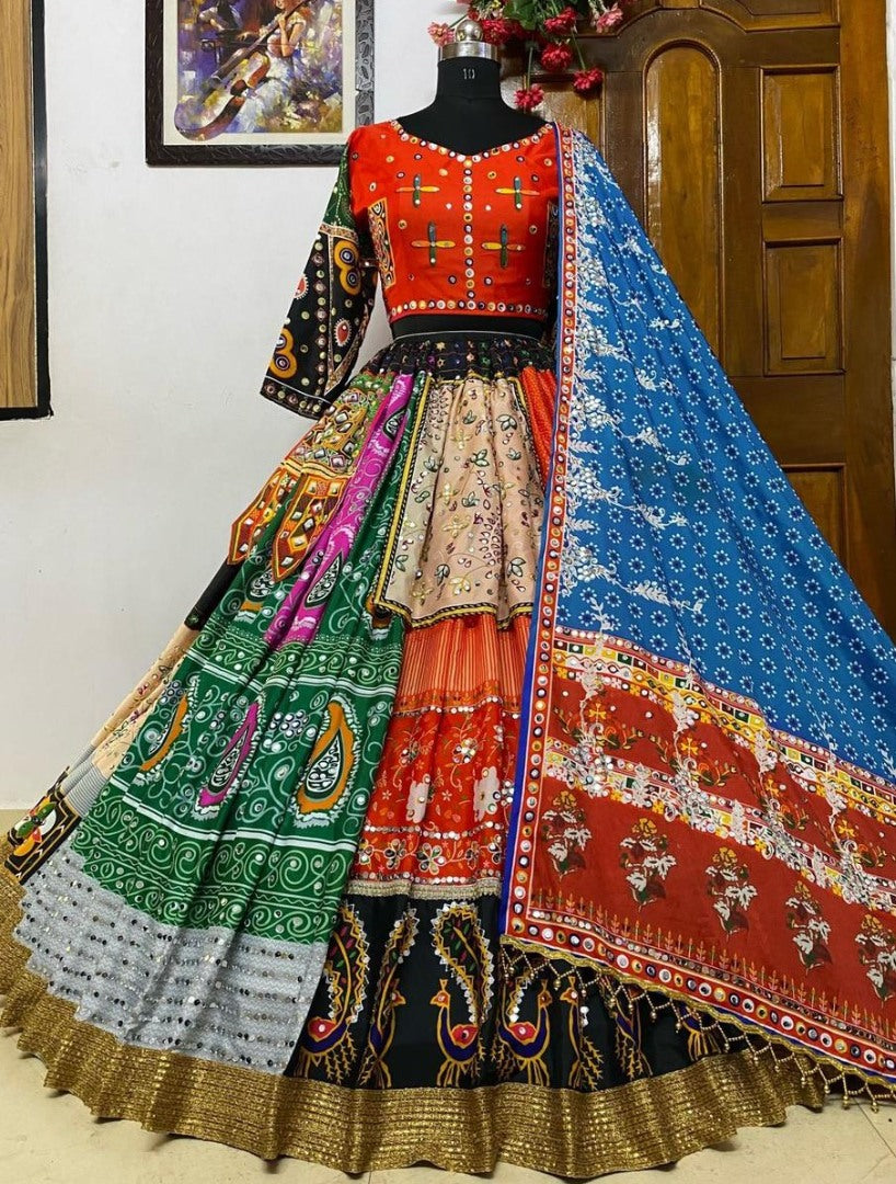 Multicolor print and mirror work gujarati garba navratri lehenga chaniya choli