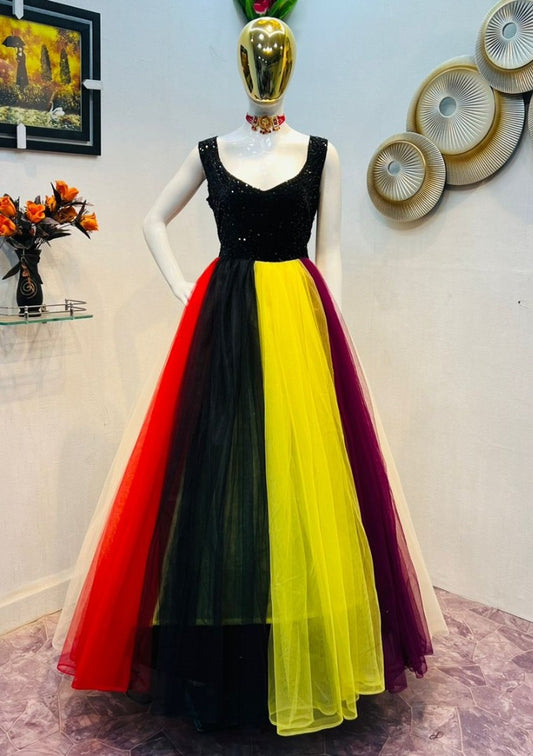 Multicolor soft net umbrella flair partywear gown