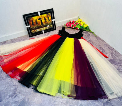 Multicolor soft net umbrella flair partywear gown
