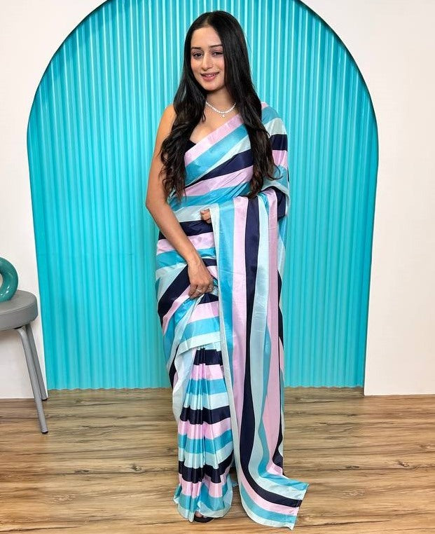 Multicolor strip printed ready to wear saree