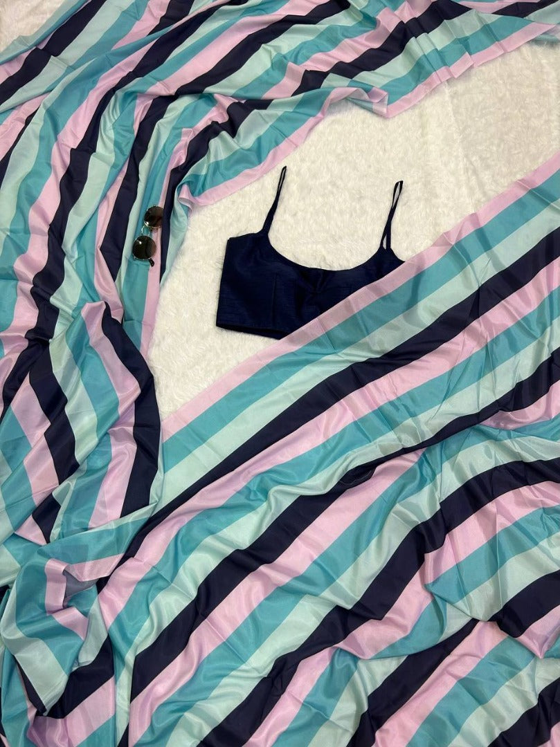Multicolor stripe printed stylish satin saree
