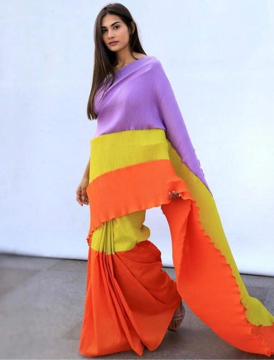 Multicolour chinon pleating and printing work party wear saree