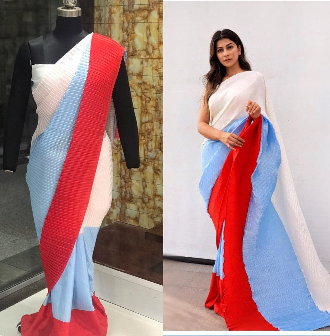 Multicolour chinon pleating and printing work party wear saree