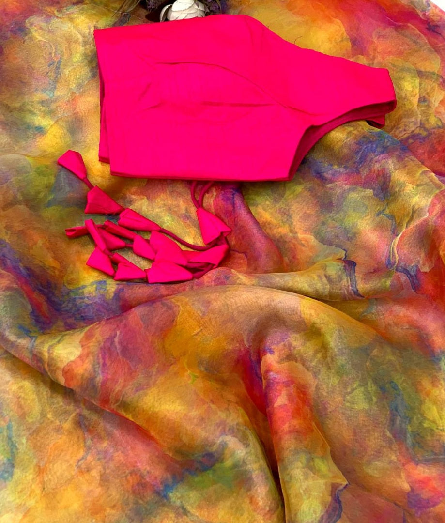 Multicolour pure soft organza silk printed saree