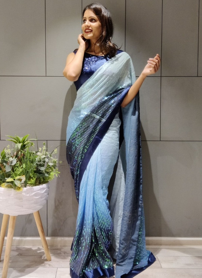 Multishaded skyblue georgette sequence work partywear saree
