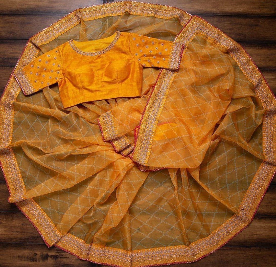 Mustard yellow malbari silk thread with sequence work saree
