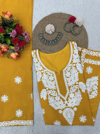 Mustard yellow rayon chainstitch work palazzo kurti