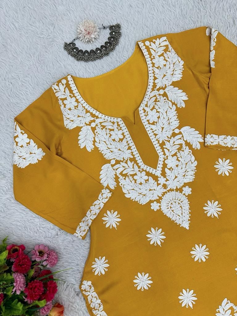 Mustard yellow rayon chainstitch work palazzo kurti