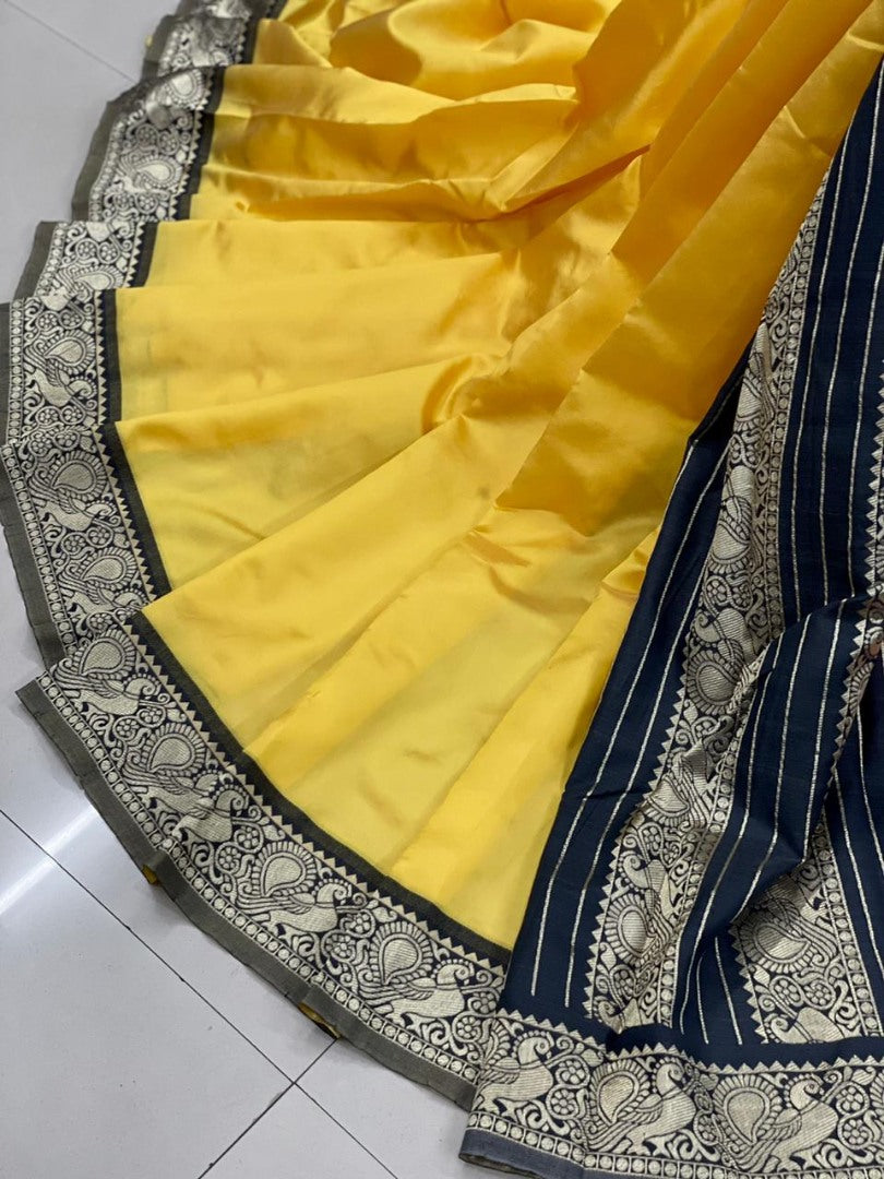 Mustard yellow soft lichi silk jacquard weaving work saree