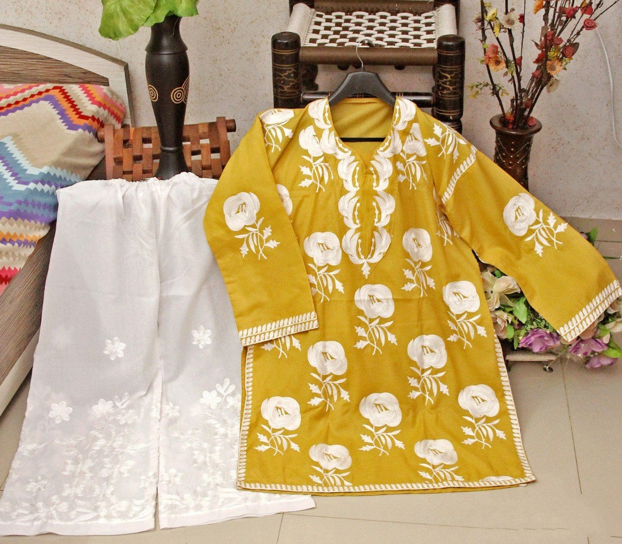 Mustered yellow embroidered plazzo kurti