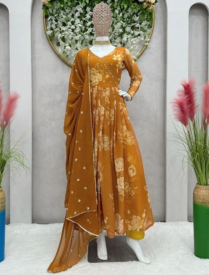 Musturd yellow georgette print and handwork anarkali suit