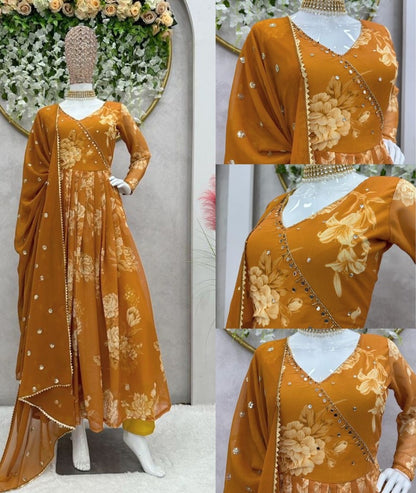 Musturd yellow georgette print and handwork anarkali suit