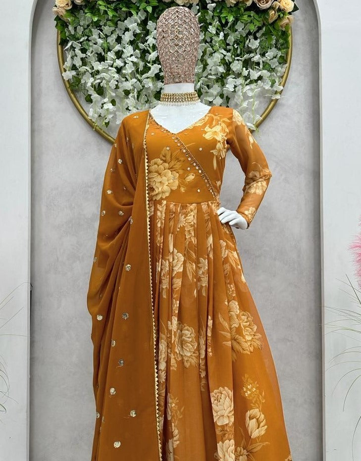 Musturd yellow georgette print and handwork anarkali suit