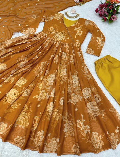 Musturd yellow georgette print and handwork anarkali suit