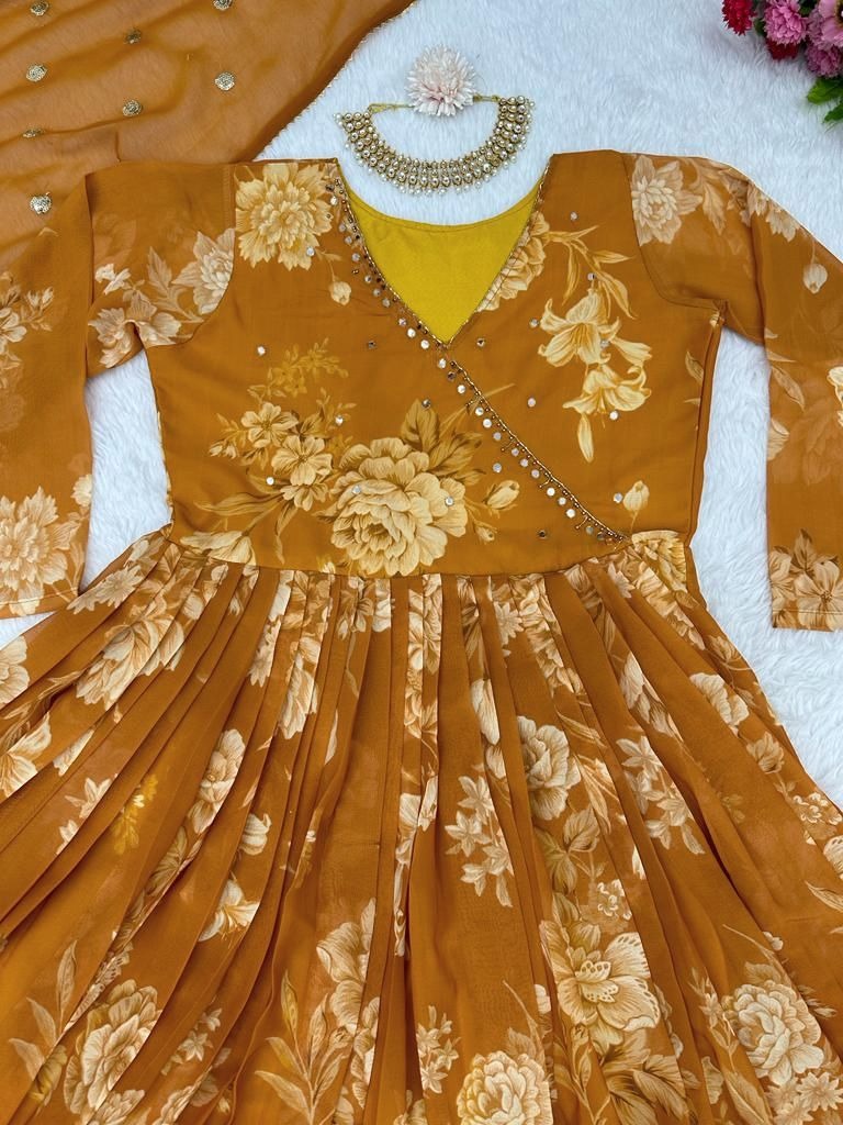 Musturd yellow georgette print and handwork anarkali suit